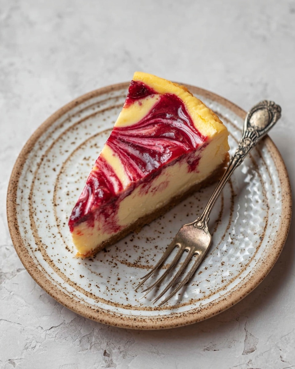 A single slice of cheesecake sits on a white speckled plate with raised circular patterns; the cheesecake has two layers — a creamy yellow base layer and a thinner white layer on top swirled with glossy red berry sauce in a marbled pattern, showing rich texture and shine. A vintage silver fork with ornate details lies next to the cake on the right side of the plate. The plate is placed on a white marbled texture surface. photo taken with an iphone --ar 4:5 --v 7