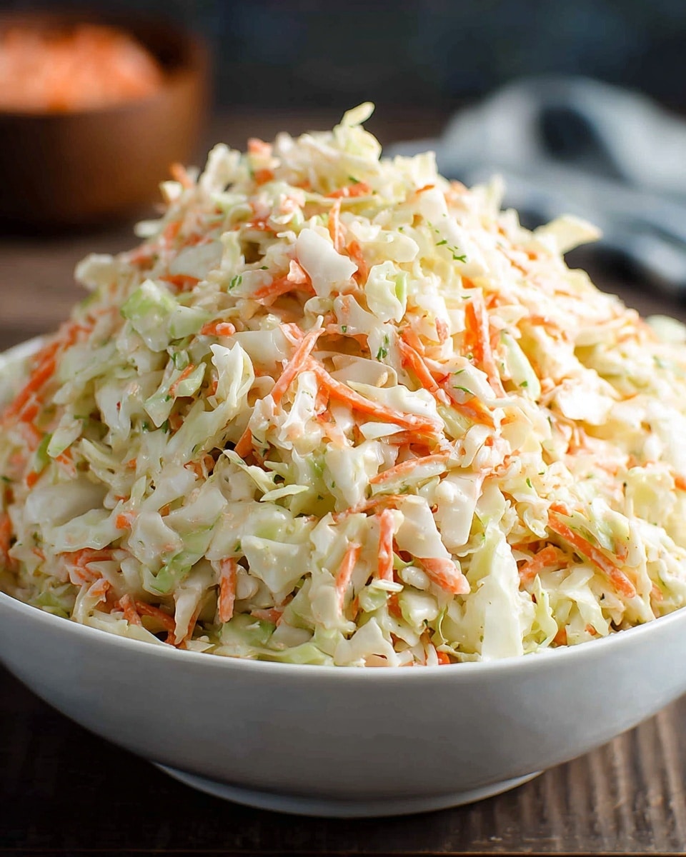 A clear glass bowl filled with creamy coleslaw made of small white cabbage pieces mixed with light green bits and small orange carrot pieces, sitting on a wooden board; next to the bowl are two pieces of crispy golden brown fried chicken with a textured crunchy crust, and two golden brown flaky biscuits behind the chicken; a metal spoon rests inside the coleslaw bowl, and in the blurred background, there is a larger clear bowl with more coleslaw and a small green potted plant; everything is placed on a white marbled texture photo taken with an iphone --ar 4:5 --v 7