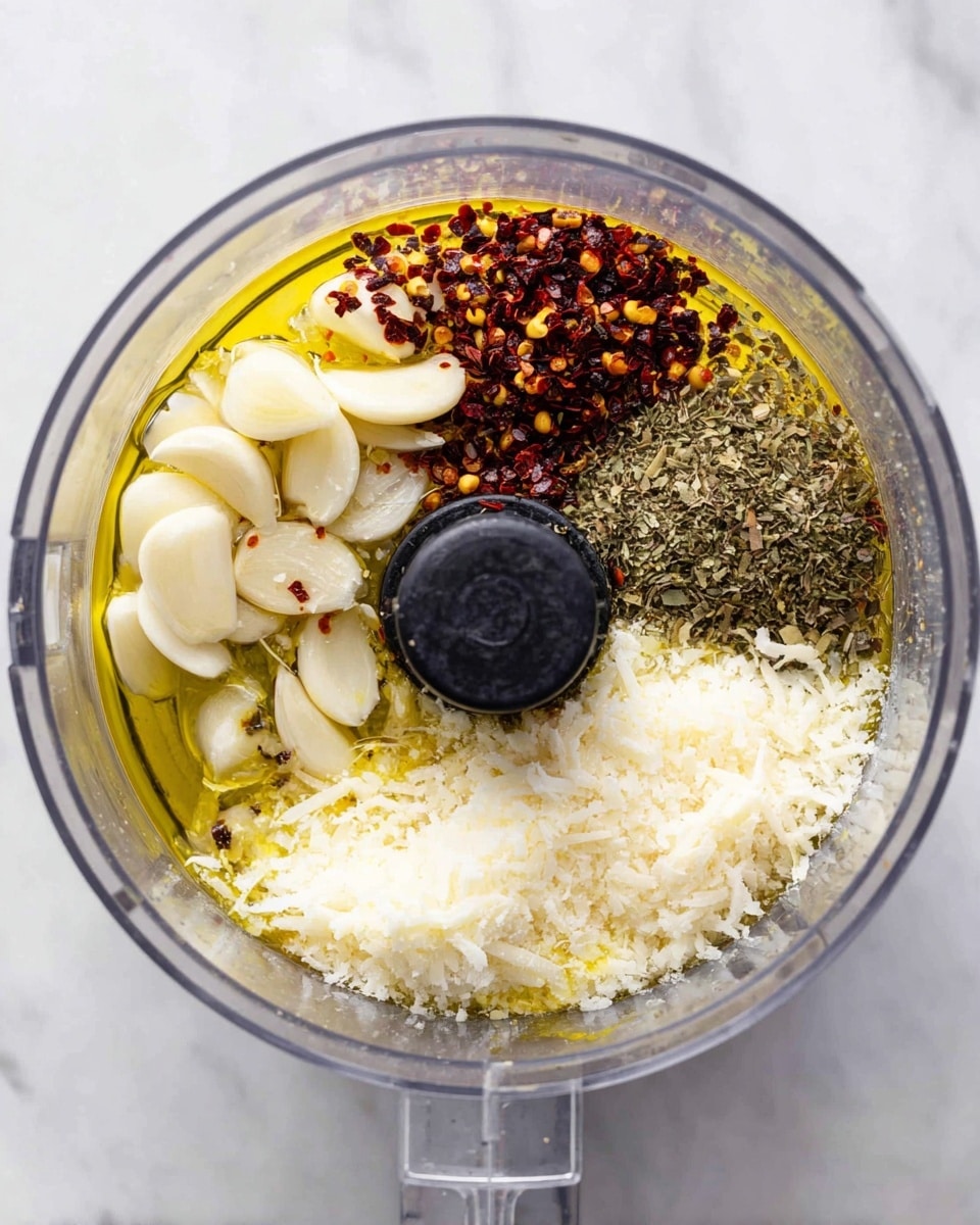 Inside a clear food processor bowl, several ingredients are layered separately. On the bottom, there is a pool of golden-yellow olive oil filling the base. On the right side, there is a small pile of white grated cheese with a fine, fluffy texture. Next to the cheese, at the bottom left, are slices of pale ivory garlic cloves. On the top left, there are dark red chili flakes with some yellow seeds mixed in. On the top right, there is a small heap of dried green herbs with a coarse texture. All ingredients are unmixed, sitting neatly in their sections around the central black blade part. The image is set on a white marbled surface. Photo taken with an iphone --ar 4:5 --v 7
