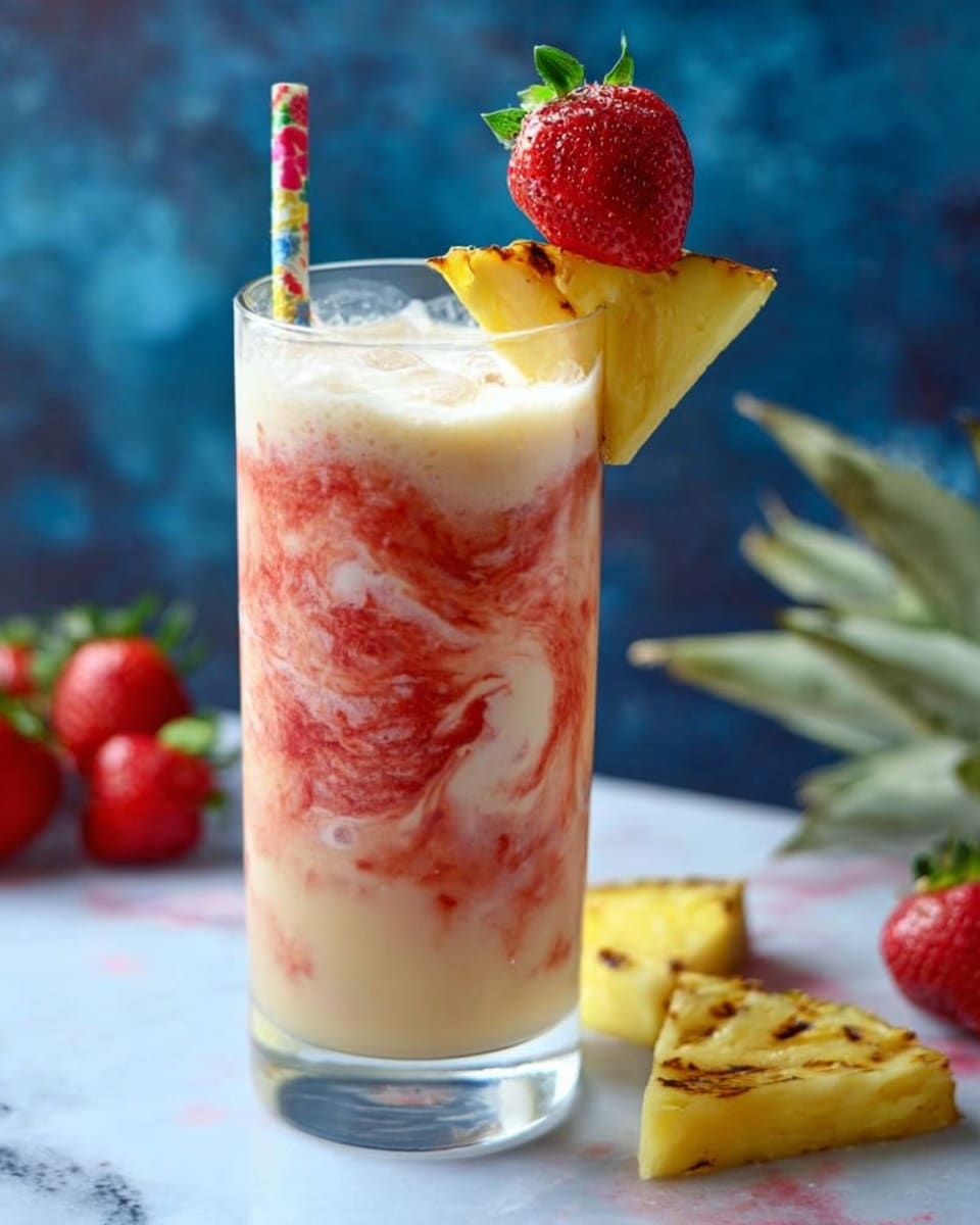 Two tall clear glasses hold a swirled drink with creamy pale yellow and bright red layers mixed through each glass. Each glass is topped with a fresh yellow pineapple wedge and a whole red strawberry with green leaves, both placed on the rim. A paper straw with a floral pattern sticks out from each glass. The glasses sit on a round black slate with scattered ice cubes, halved strawberries, and pineapple pieces around them. The background is a textured bright blue color, and the surface is a white marbled texture. photo taken with an iphone --ar 4:5 --v 7