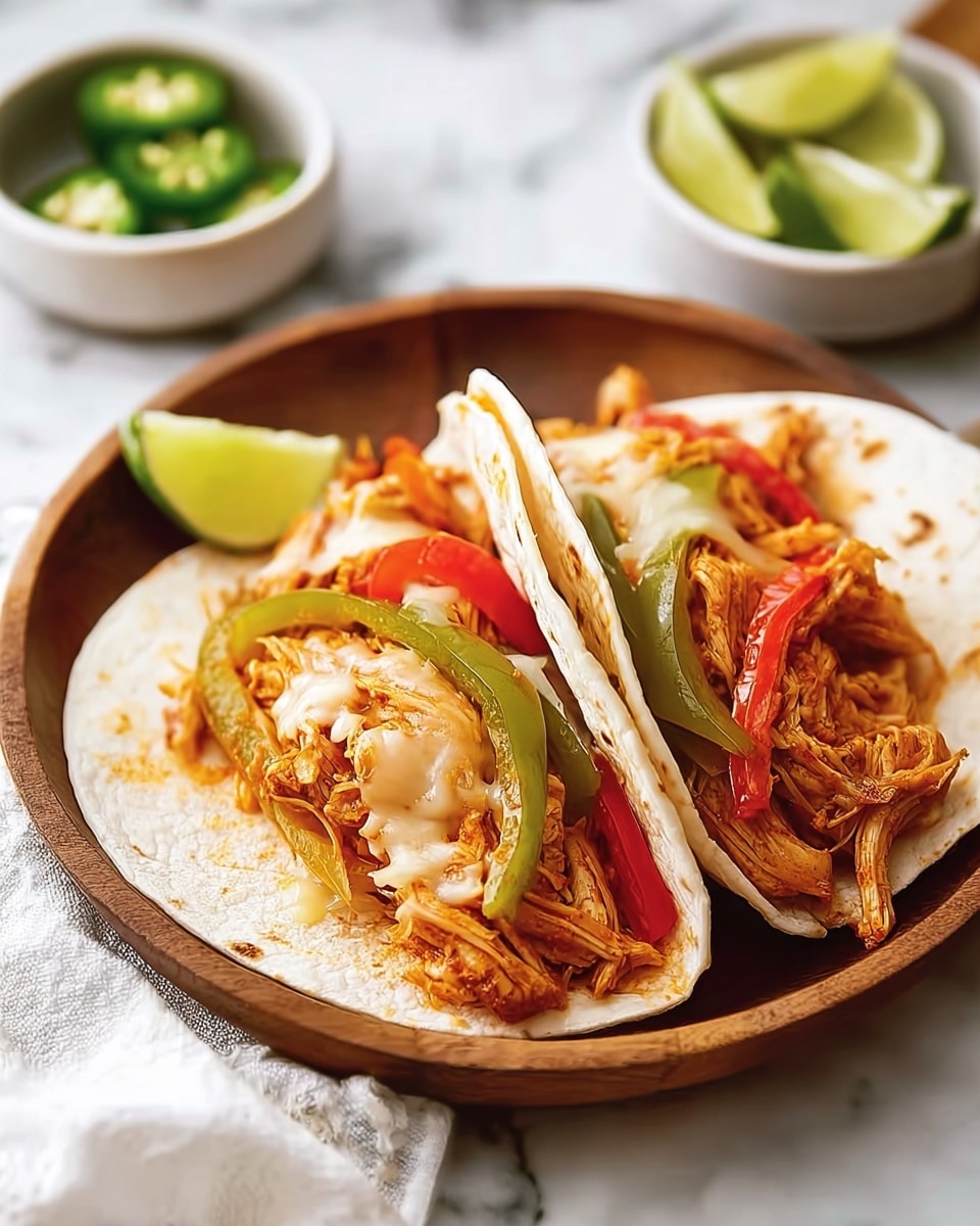 A white oval dish filled with shredded chicken cooked in a deep reddish-brown sauce, mixed with soft slices of yellow, red, and green bell peppers and onions. The chicken and vegetables are well coated in the sauce, giving a moist, tender look with a slight shine. Small bits of fresh green herbs are sprinkled on top, adding a touch of color. In the background, there is a stack of soft white corn tortillas placed on a wooden board and a small white bowl with green sliced jalapeños. The whole scene is set on a white marbled surface. Photo taken with an iphone --ar 4:5 --v 7