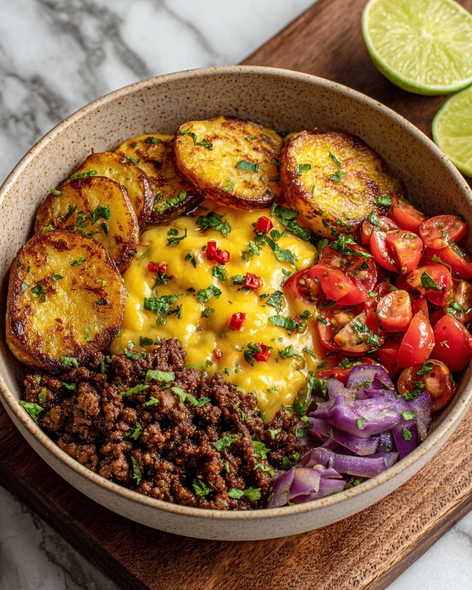 A bowl filled with four main layers starts with golden brown roasted potato slices at the bottom, displaying a crispy texture with some darker charred spots at the edges. On top of the potatoes, there is a layer of browned ground beef, rich and crumbly in texture. Melted yellow cheddar cheese blankets the beef, softened and slightly shiny. Over the cheese, a creamy orange sauce is drizzled, spreading smoothly across the center. Fresh green chopped cilantro is sprinkled all over the dish, with a bright green jalapeño ring at the very top center. To the side, there is a colorful fresh salsa made of diced red tomatoes, finely chopped red onions, and more cilantro. Two lime wedges stand upright near the edge of the bowl as a garnish. The bowl is white, set against a white marbled texture surface. photo taken with an iphone --ar 4:5 --v 7