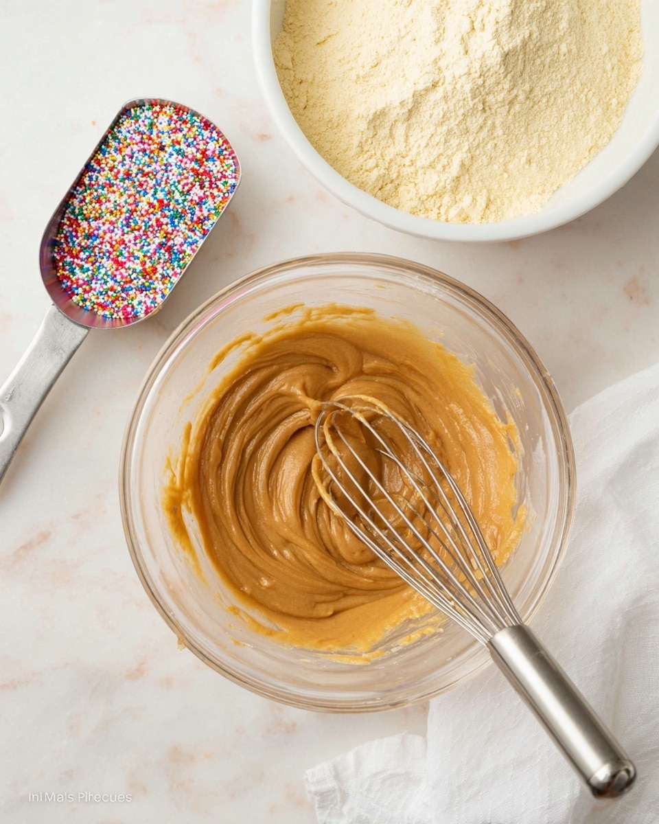 The image shows a close-up of round dough balls arranged on a black plate, placed on a white marbled surface. Each dough ball is light brown with a soft, slightly crumbly texture and decorated with colorful rainbow sprinkles on top and around the sides. One dough ball is bitten into, revealing a dense and moist inside with tiny colored specks. There are some loose sprinkles scattered near the plate, and a blurred gray striped cloth is in the background. photo taken with an iphone --ar 4:5 --v 7