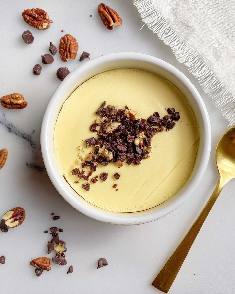 A white bowl filled with a smooth, pale yellow custard-like pudding topped with a dollop of thick white cream in the center. Scattered on top and around the cream are dark brown chocolate chips and small crunchy-looking pieces adding texture. A gold spoon is scooping some of the cream and toppings from the right side of the bowl. The bowl sits on a white marbled surface with more chocolate bits scattered around. photo taken with an iphone --ar 4:5 --v 7