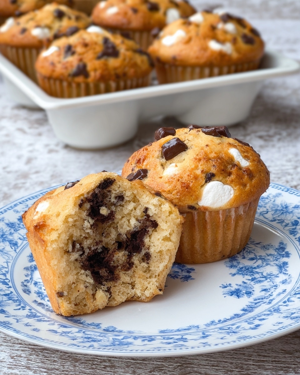 Two muffins are on a white plate with a blue floral pattern, placed on a white marbled textured surface. One muffin is whole, showing a golden brown top with melted white marshmallows and dark chocolate chips embedded on the surface, while the other muffin is cut in half, revealing the soft, light brown inside dotted with melted dark chocolate chunks. In the background, a white rectangular bakery tray holds more muffins with the same golden tops. The photo taken with an iphone --ar 4:5 --v 7