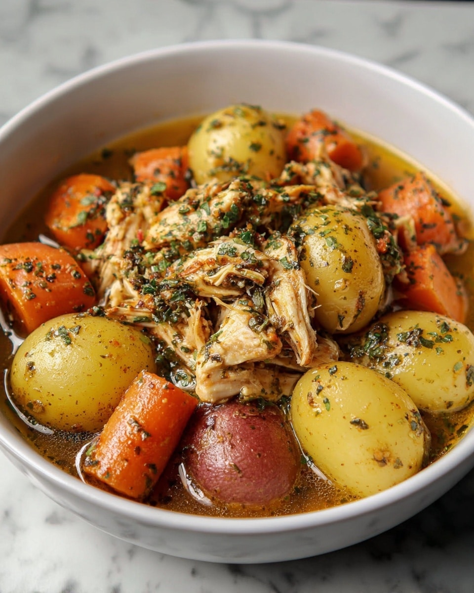 A white bowl filled with a layered stew showing chunks of yellow and red whole potatoes sitting in a rich, golden brown broth. The middle layer has large orange carrot pieces and shredded cooked chicken coated with green herbs sprinkled throughout, creating a mix of textures and colors. The top layer is garnished with more green herbs, adding a fresh look to the hearty dish. The bowl rests on a white marbled surface, and the photo is taken with an iphone --ar 4:5 --v 7