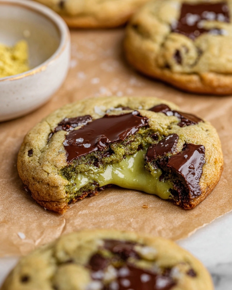 A stack of four thick cookies is cut in half and placed on top of each other on a white marbled surface with a wooden tray edge visible. Each cookie has a golden-brown outer layer that looks soft and slightly crisp, with a gooey, melted green matcha cream filling mixed with dark chocolate chips inside. The cookies are thick, with the green filling oozing out between each layer, the texture smooth and shiny. Around the stack, there are whole cookies with similar colors and textures blurred in the background. Photo taken with an iphone --ar 4:5 --v 7