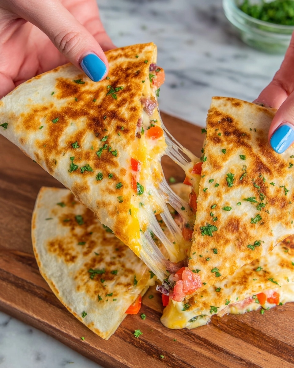 Four golden brown quesadilla triangles with lightly charred spots are stacked on a wooden board, sprinkled with small green herb pieces. Each quesadilla slice shows melted, stretchy yellow cheese mixed with visible bits of red peppers and finely chopped onions just inside the crispy, toasted white tortillas. A white bowl holding fresh salsa is visible in the top left corner, with some scattered herbs and a bundle of green onions on the white marbled surface around the board. A red and white checkered cloth is partly visible in the bottom right corner. photo taken with an iphone --ar 4:5 --v 7