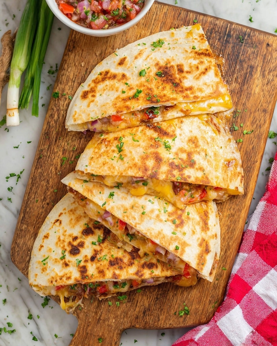 Two pieces of toasted quesadilla are being pulled apart by two woman’s hands with blue nail polish, showing melted yellow cheese stretching between the layers. The quesadilla has a golden-brown crispy surface sprinkled with green herbs. Inside, there is a colorful mix of chopped vegetables including red and orange pieces. The quesadilla sits on a white marbled textured surface with a wooden cutting board below it. Photo taken with an iphone --ar 4:5 --v 7