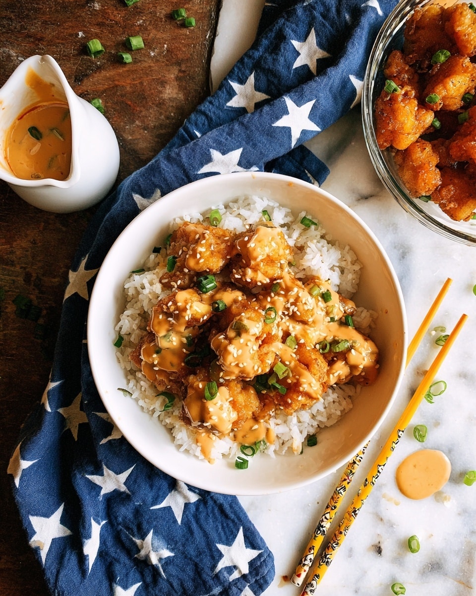 A white bowl shows a layer of white rice as the base, topped with several pieces of golden-brown crispy chicken coated in an orange sauce. Drizzled lightly over the chicken is a creamy light tan sauce, sprinkled with white sesame seeds and finely chopped green onions. Two yellow chopsticks with small panda designs rest beside the bowl on a blue cloth with white stars. Nearby, a small white sauce pitcher contains the same creamy sauce with a drop dripping down its side, and a glass bowl holds more pieces of the sauced chicken. The whole scene is set on a white marbled texture. photo taken with an iphone --ar 4:5 --v 7