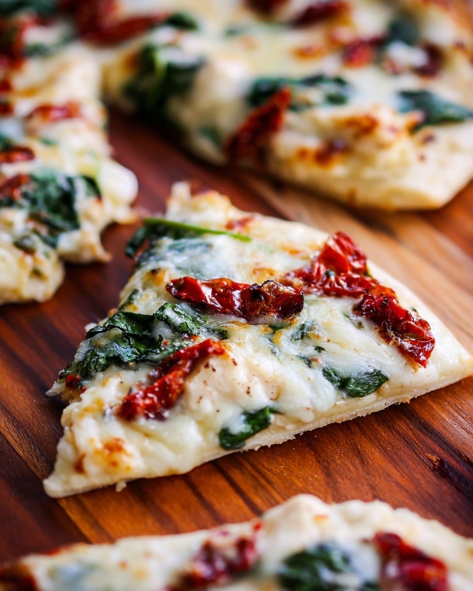 A close-up view of a pizza slice resting on a wooden surface with melted, gooey white cheese covering the top layer. Bright red sun-dried tomato pieces and dark green spinach leaves are spread evenly across the cheese layer. The crust is thin and light golden with a soft texture visible underneath the toppings. Other slices of the same pizza are partially visible around the main slice, showing a consistent topping pattern. The background shows a small part of another pizza slice, slightly out of focus. photo taken with an iphone --ar 4:5 --v 7