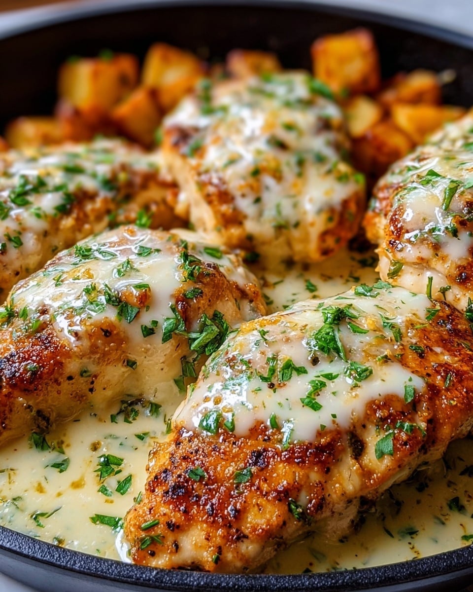 A close-up view of four golden brown chicken breasts arranged in a black pan with crispy edges, each piece covered by a glossy layer of melted creamy white cheese sauce with specks of herbs, topped with finely chopped green parsley scattered evenly over the chicken. Underneath, there are chunky pieces of roasted potatoes with a deep orange-golden color peeking out from under the chicken. The sauce pools slightly around the pieces, adding a smooth texture contrast to the crispy meat, all displayed on a white marbled surface. Photo taken with an iphone --ar 4:5 --v 7