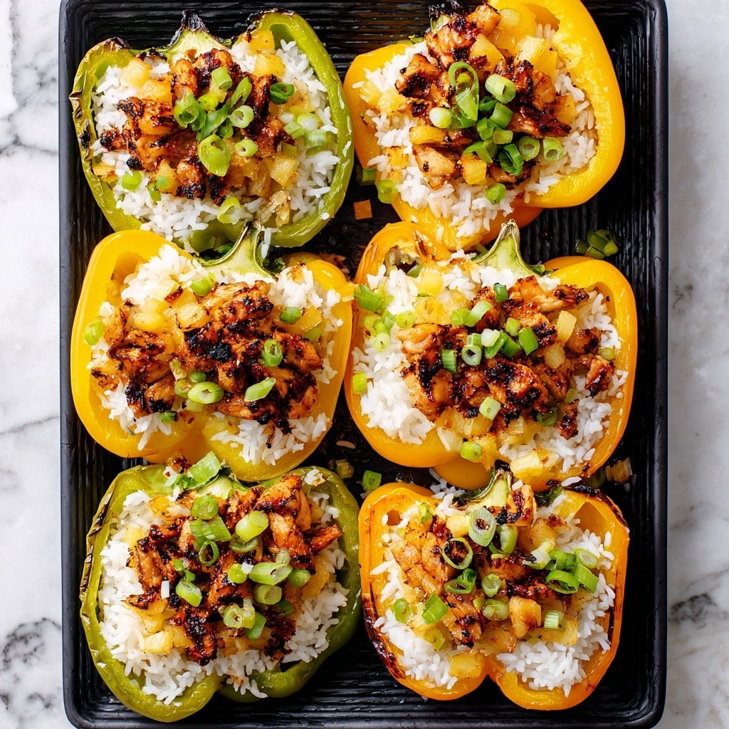 The image shows a tray holding eight yellow bell peppers cut in half and hollowed out, each filled with a layer of cooked white rice mixed with small bits of vegetables and spices, topped with grilled pineapple chunks that have a caramelized, slightly charred texture. Bright green chopped scallions are sprinkled on top of the pineapple, adding a pop of color. The tray is black and the background is a white marbled surface. The peppers are shiny, and the overall look is fresh and vibrant, focusing on warm yellow and green tones with a hint of brown charring. Photo taken with an iphone --ar 4:5 --v 7