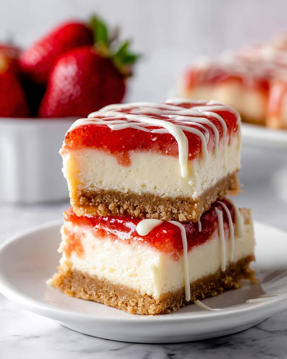 The image shows several rectangular cheesecake bars placed on a white marbled surface, each with three visible layers. The bottom layer is a thick, golden-brown crumb crust with a slightly rough texture. The middle layer is creamy and pale yellow, smooth and thick. The top layer is a glossy, bright red strawberry topping that appears slightly chunky with visible pieces of strawberries. On top of the strawberry layer, there are white icing drizzles in thin, wavy lines spread evenly across each bar. Some whole and halved fresh strawberries with bright red color and green leaves are scattered around the cheesecake bars. Photo taken with an iphone --ar 4:5 --v 7