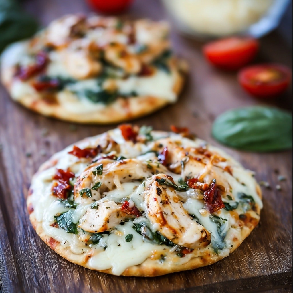 The image shows a close-up of a pizza slice on a wooden board with three main layers: the thin, lightly toasted crust at the bottom, a layer of melted white cheese covering the surface with a creamy texture, and chunks of sun-dried tomatoes and bright green spinach scattered over the cheese, giving pops of red and green colors. The cheese is visibly stretchy between the slices, and the overall look is fresh and inviting. The background includes a white marbled texture, and the focus is on the pizza slice in the front. photo taken with an iphone --ar 4:5 --v 7