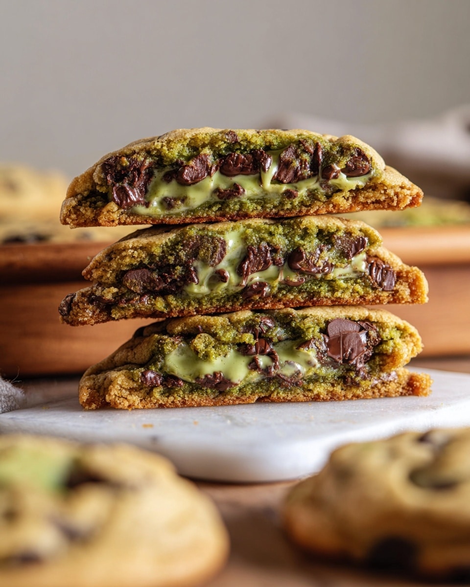 A close-up of a warm cookie on light brown parchment paper, broken in half to reveal a melted green center of matcha cream, surrounded by a soft, golden-brown cookie dough embedded with dark, glossy chocolate chunks. The cookie's surface is slightly cracked, showing the gooey texture of the filling and chocolate. In the blurred background, parts of other similar cookies and a white bowl with yellow crumbs sit on a white marbled surface. Photo taken with an iphone --ar 4:5 --v 7